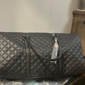 Quilted Black Faux Leather Travel Duffel Bag with Rose Gold Hardware